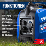 DENQBAR Inverter Stromgenerator DQ-2100 2100W, Benzin Stromerzeuger mit 230V, USB Fast-Load, Superleise, LED Display, tragbar - Für Camping, Outdoor, Baustelle, Reise, Wohnmobil und Notstromaggregat