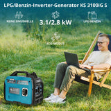 LPG/Benzin-Inverter-Generator KS 3100iG S von Könner & Söhnen. Notstromaggregat 3100 W, Schuko-Steckdose 230 V, 2 USB-Anschlüsse, LED-Anzeige, ECO-Modus, Kupferwicklungen, stromerzeuger EURO V.